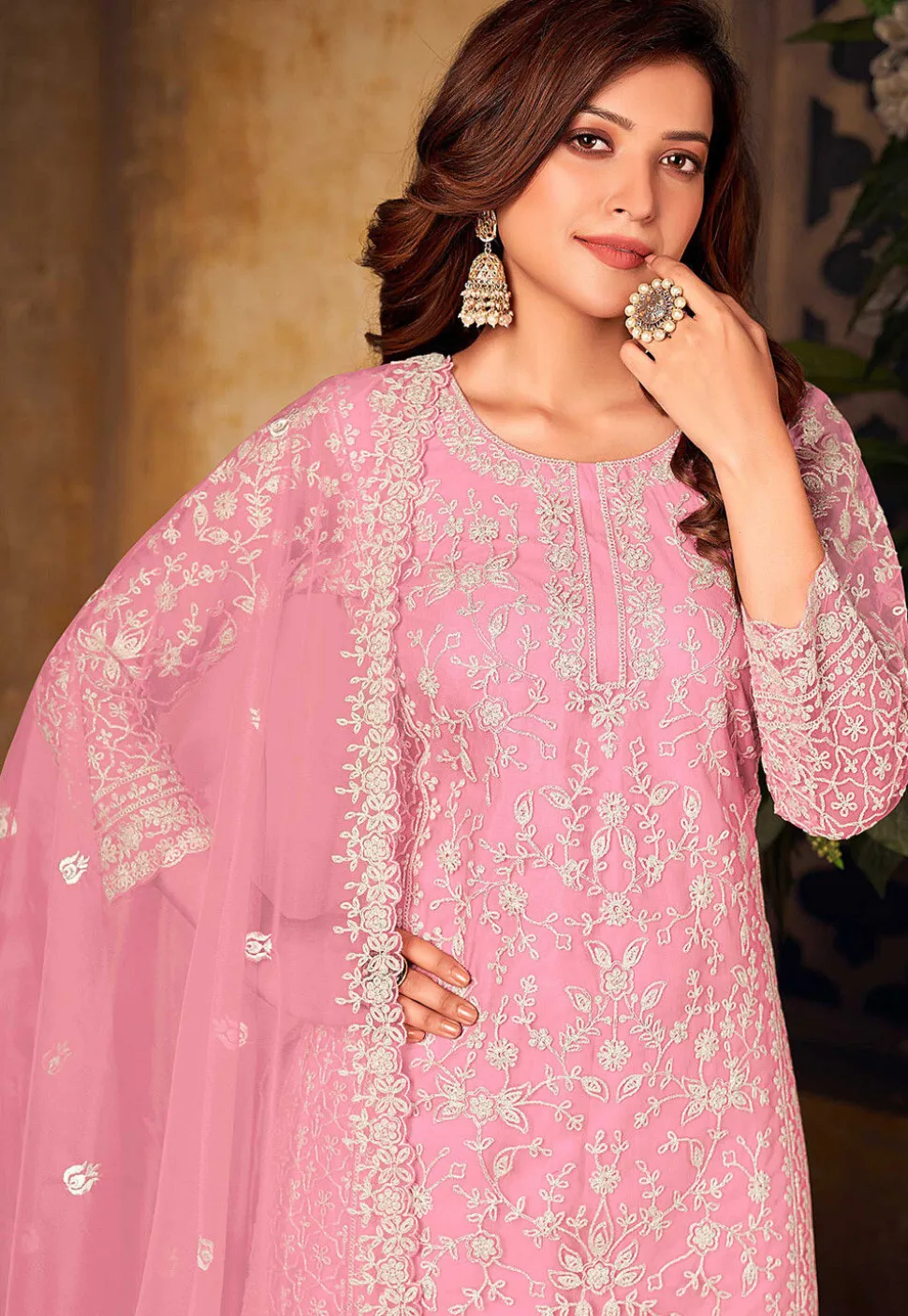 Embroidered Net Pakistani Suit in Pink