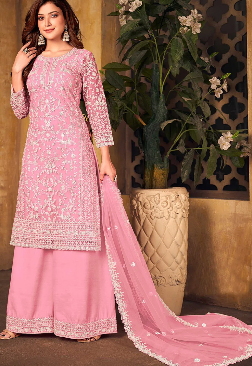 Embroidered Net Pakistani Suit in Pink