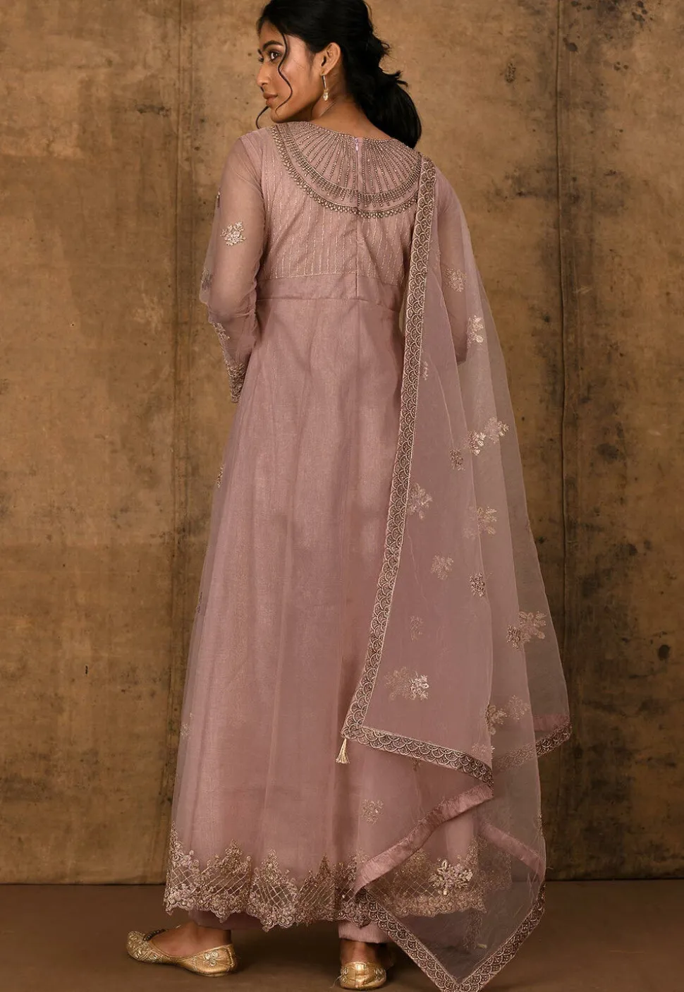 Embroidered Net Pakistani Suit in Old Rose