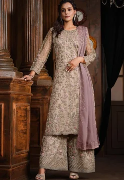 Embroidered Net Pakistani Suit in Beige