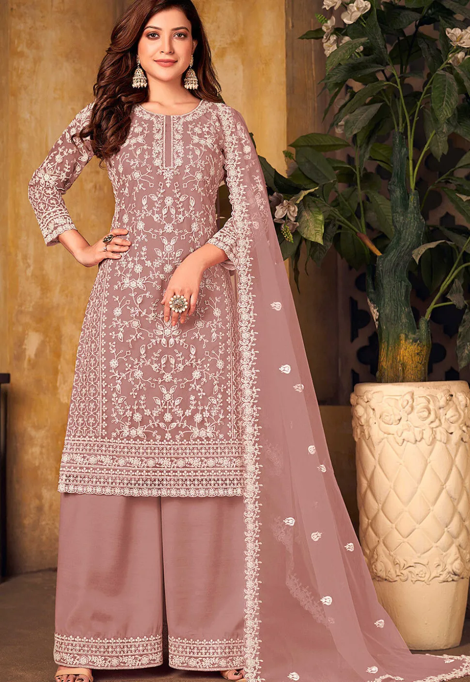 Embroidered Net Pakistani Suit in Old Rose
