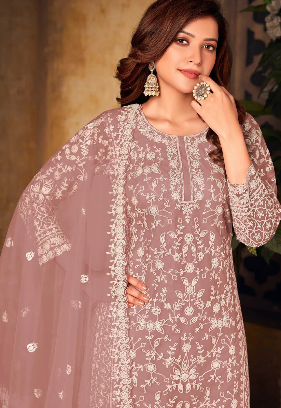 Embroidered Net Pakistani Suit in Old Rose