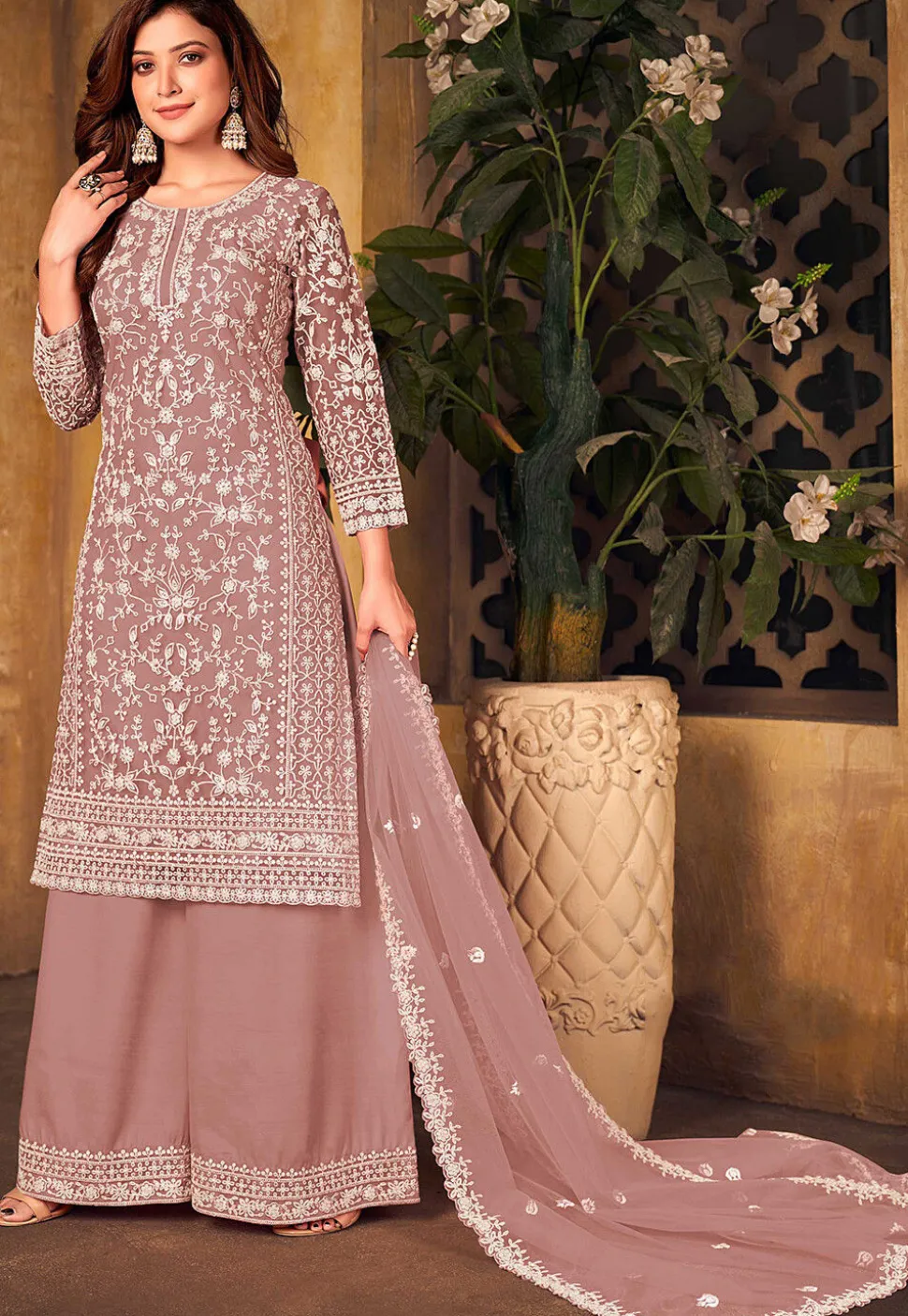 Embroidered Net Pakistani Suit in Old Rose