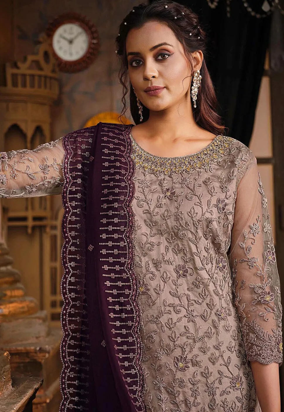 Embroidered Net Pakistani Suit in Brown