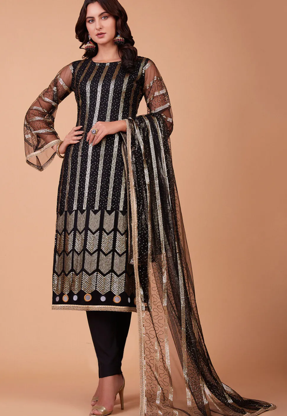 Embroidered Net Pakistani Suit in Black