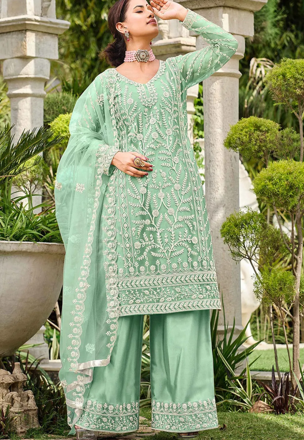 Embroidered Net Pakistani Suit in Sea Green