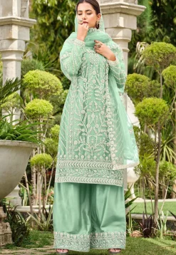Embroidered Net Pakistani Suit in Sea Green