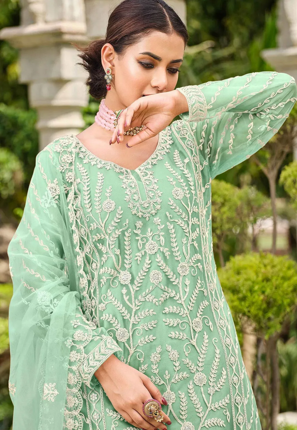 Embroidered Net Pakistani Suit in Sea Green