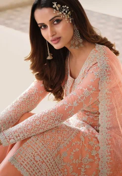 Embroidered Net Pakistani Suit in Peach