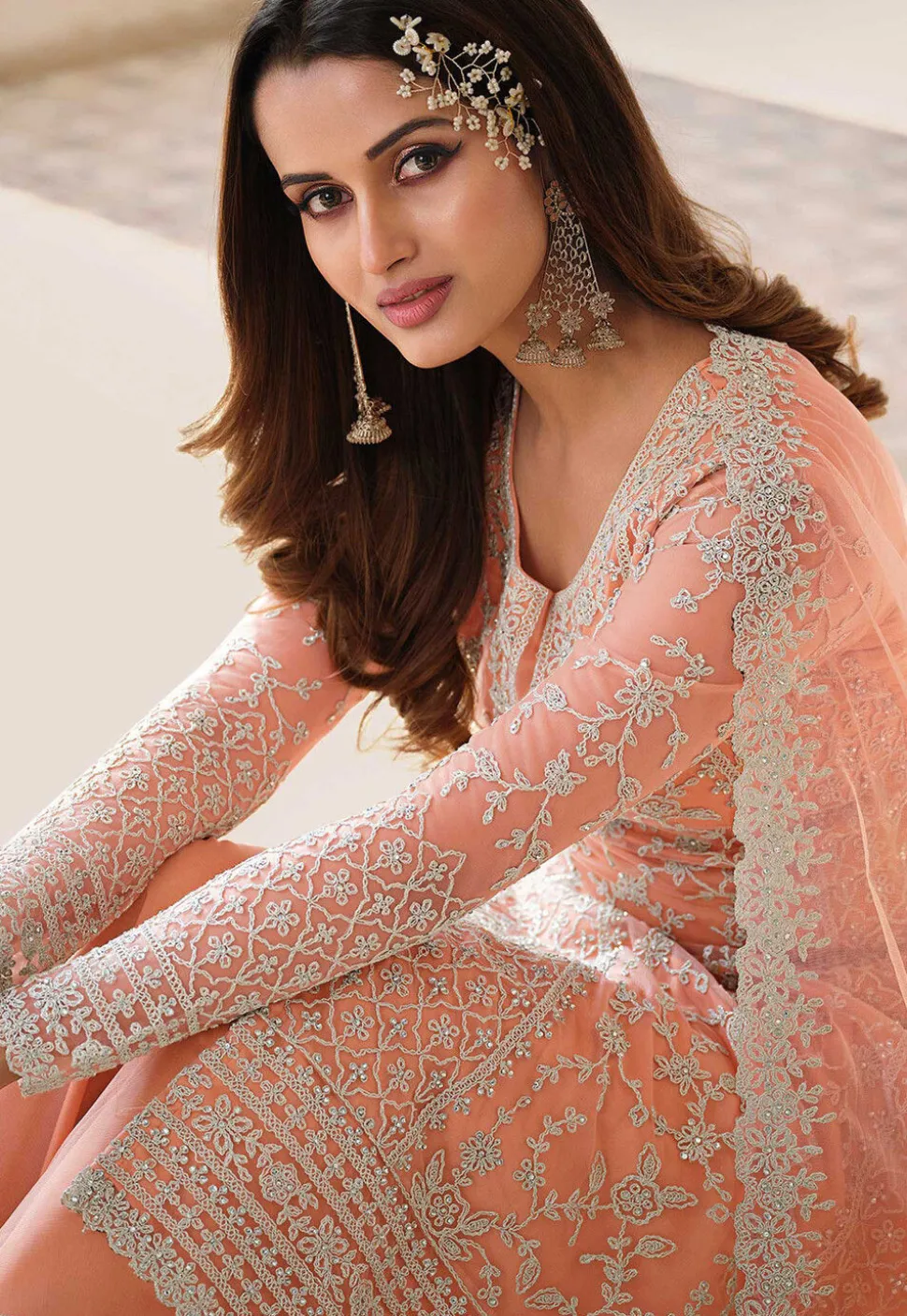 Embroidered Net Pakistani Suit in Peach