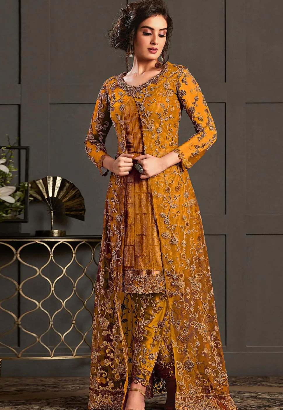 Embroidered Net Pakistani Suit in Mustard