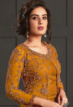 Embroidered Net Pakistani Suit in Mustard