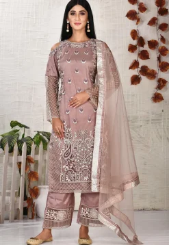 Embroidered Net Pakistani Suit in Old Rose