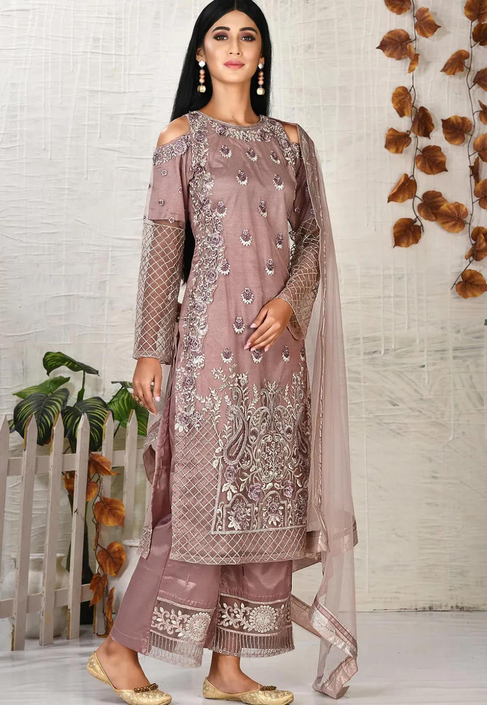 Embroidered Net Pakistani Suit in Old Rose