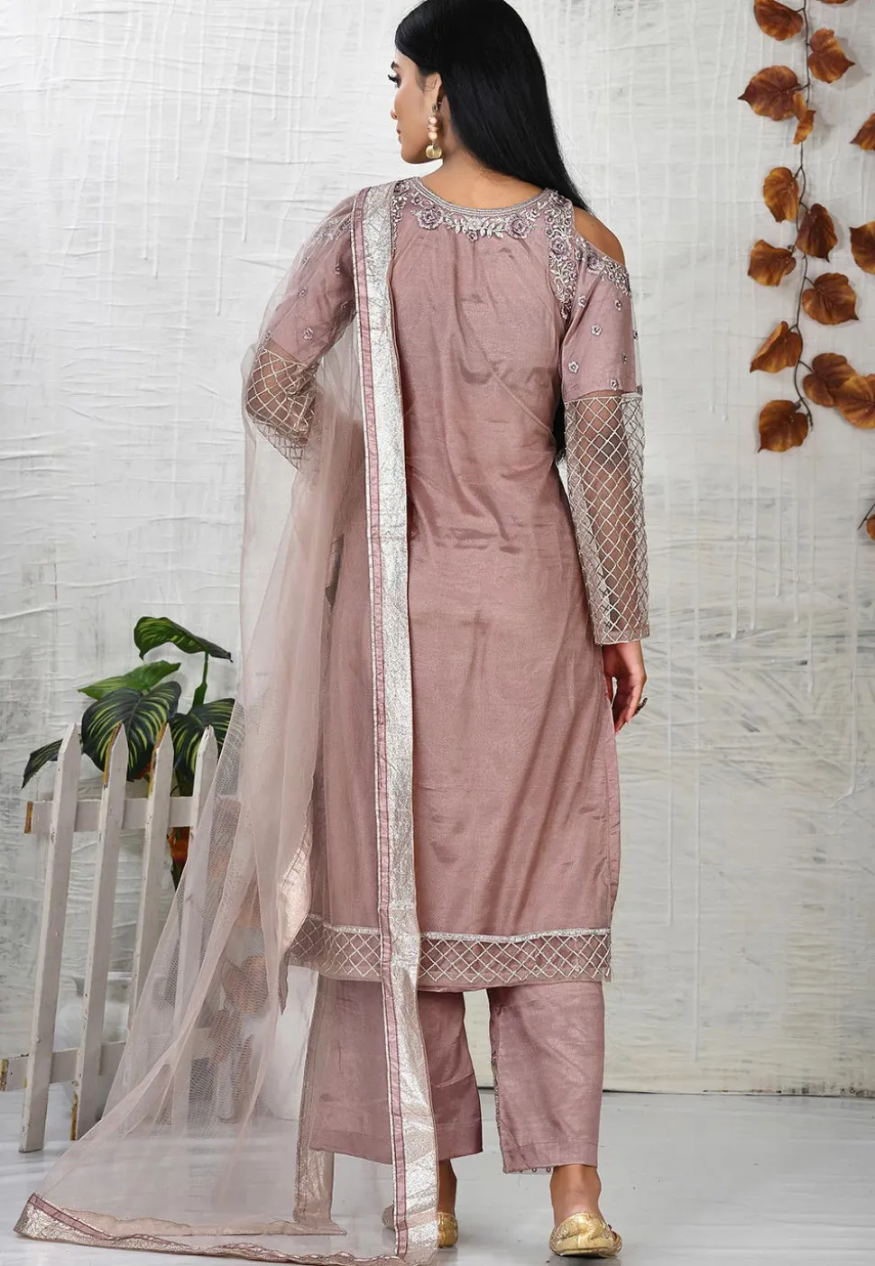 Embroidered Net Pakistani Suit in Old Rose
