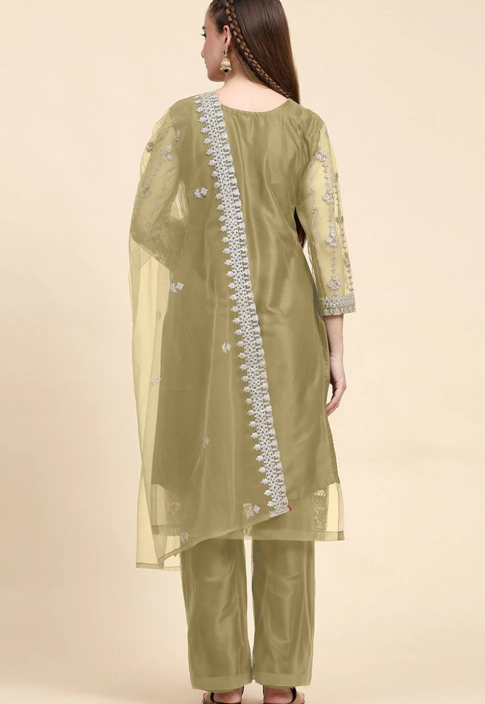 Embroidered Net Pakistani Suit in Beige