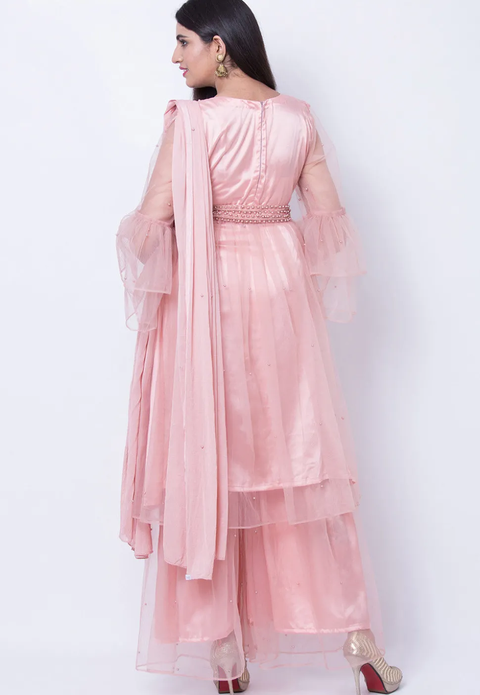 Embroidered Net Pakistani Suit in Pink