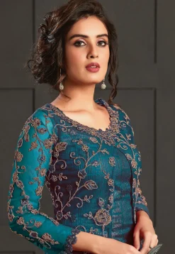 Embroidered Net Pakistani Suit in Teal Blue