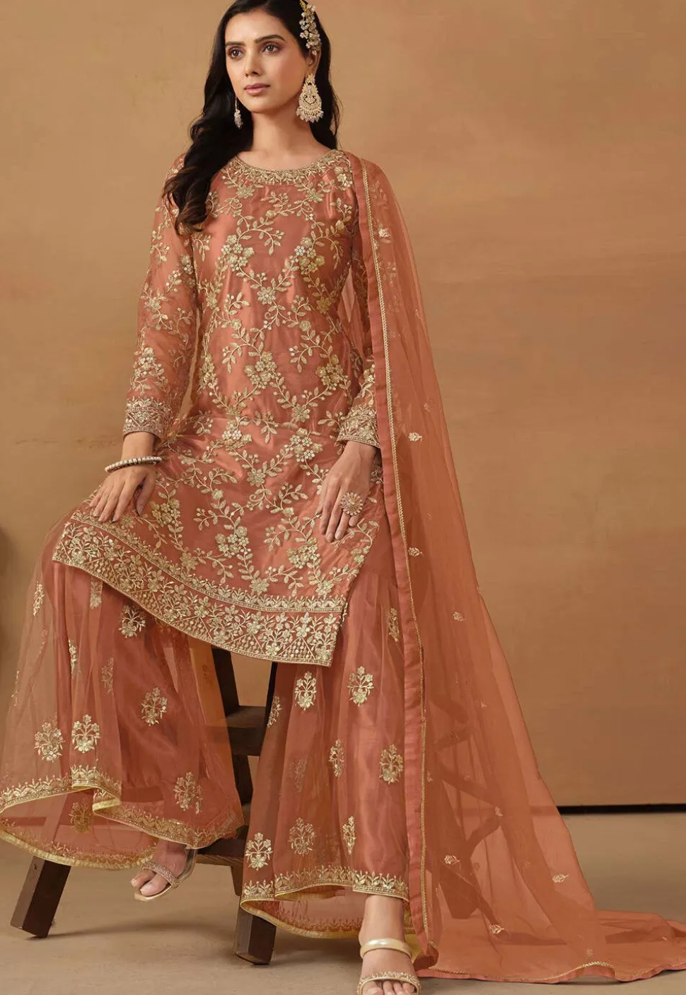 Embroidered Net Pakistani Suit in Peach