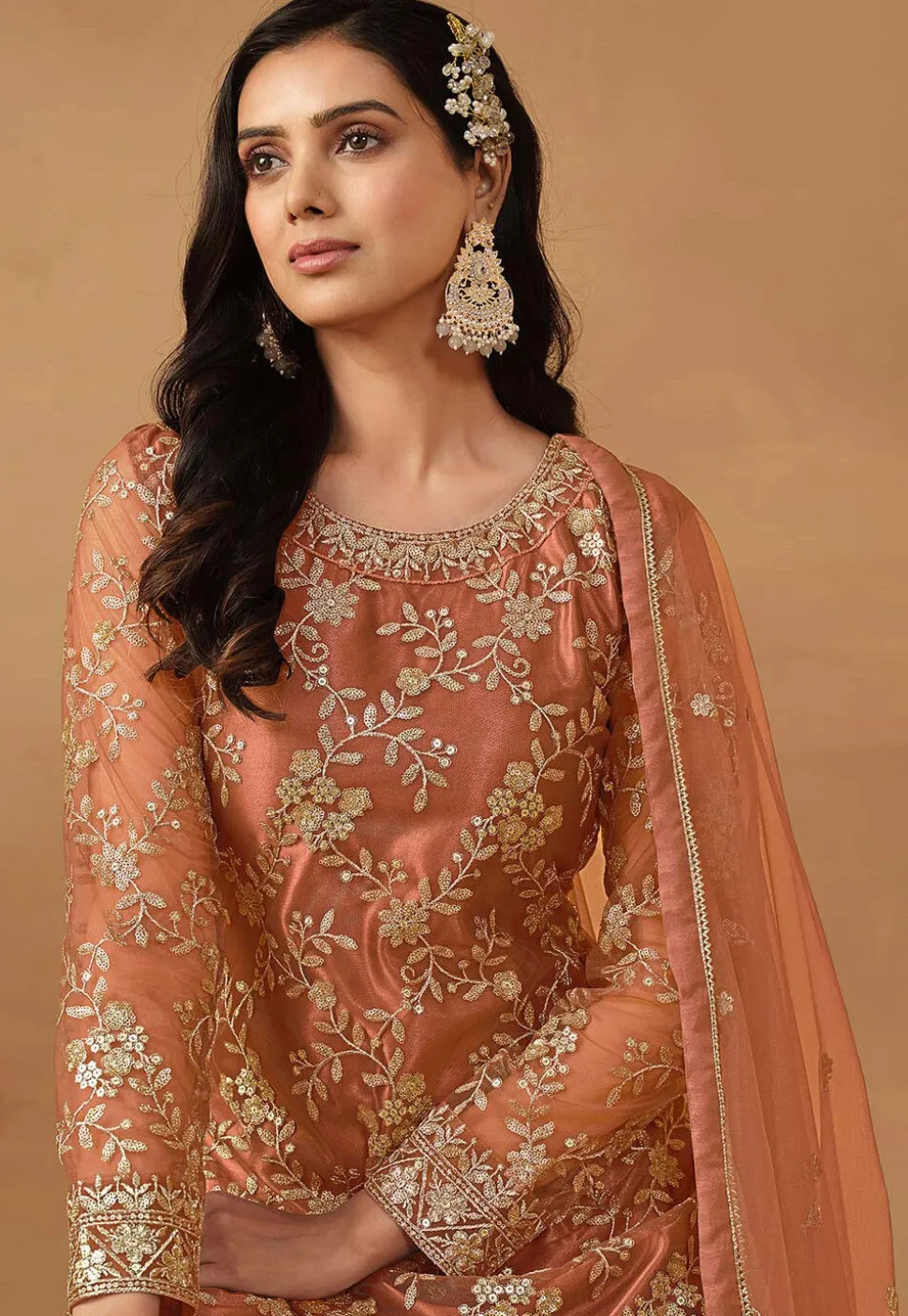 Embroidered Net Pakistani Suit in Peach