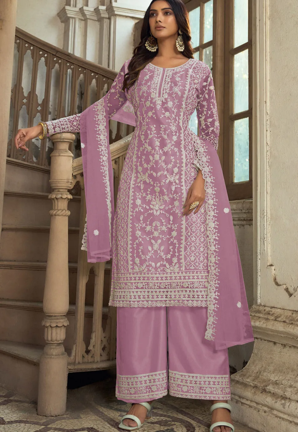 Embroidered Net Pakistani Suit in Light Purple