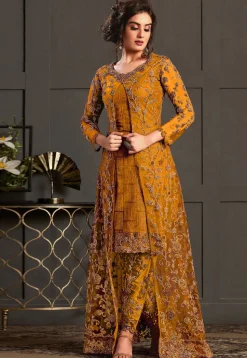 Embroidered Net Pakistani Suit in Mustard