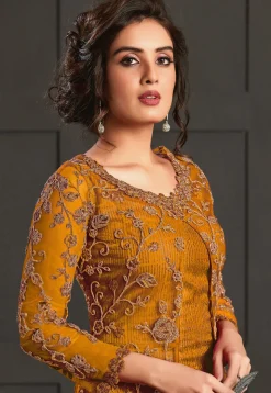 Embroidered Net Pakistani Suit in Mustard