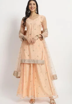 Embroidered Net Pakistani Suit in Peach