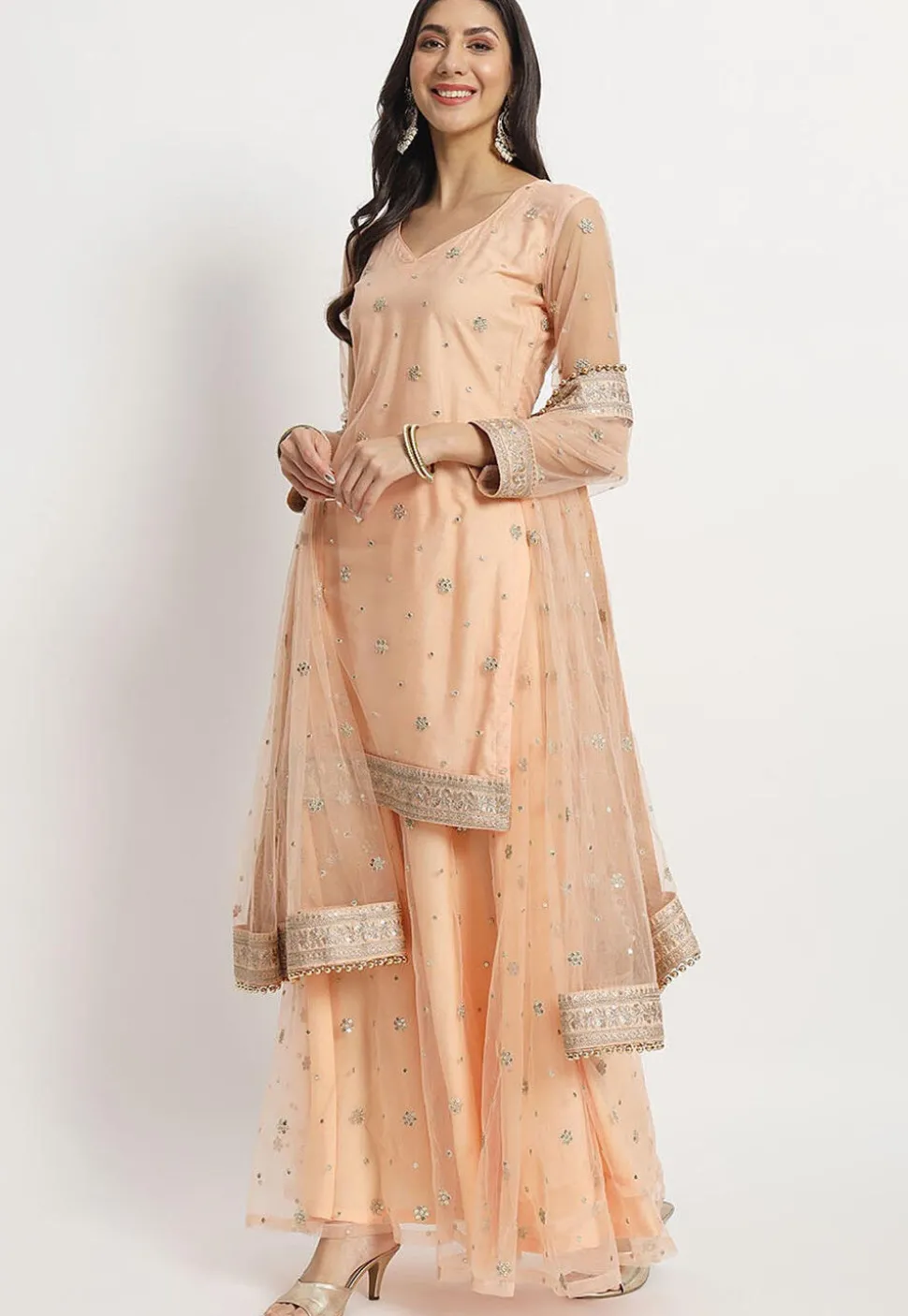 Embroidered Net Pakistani Suit in Peach
