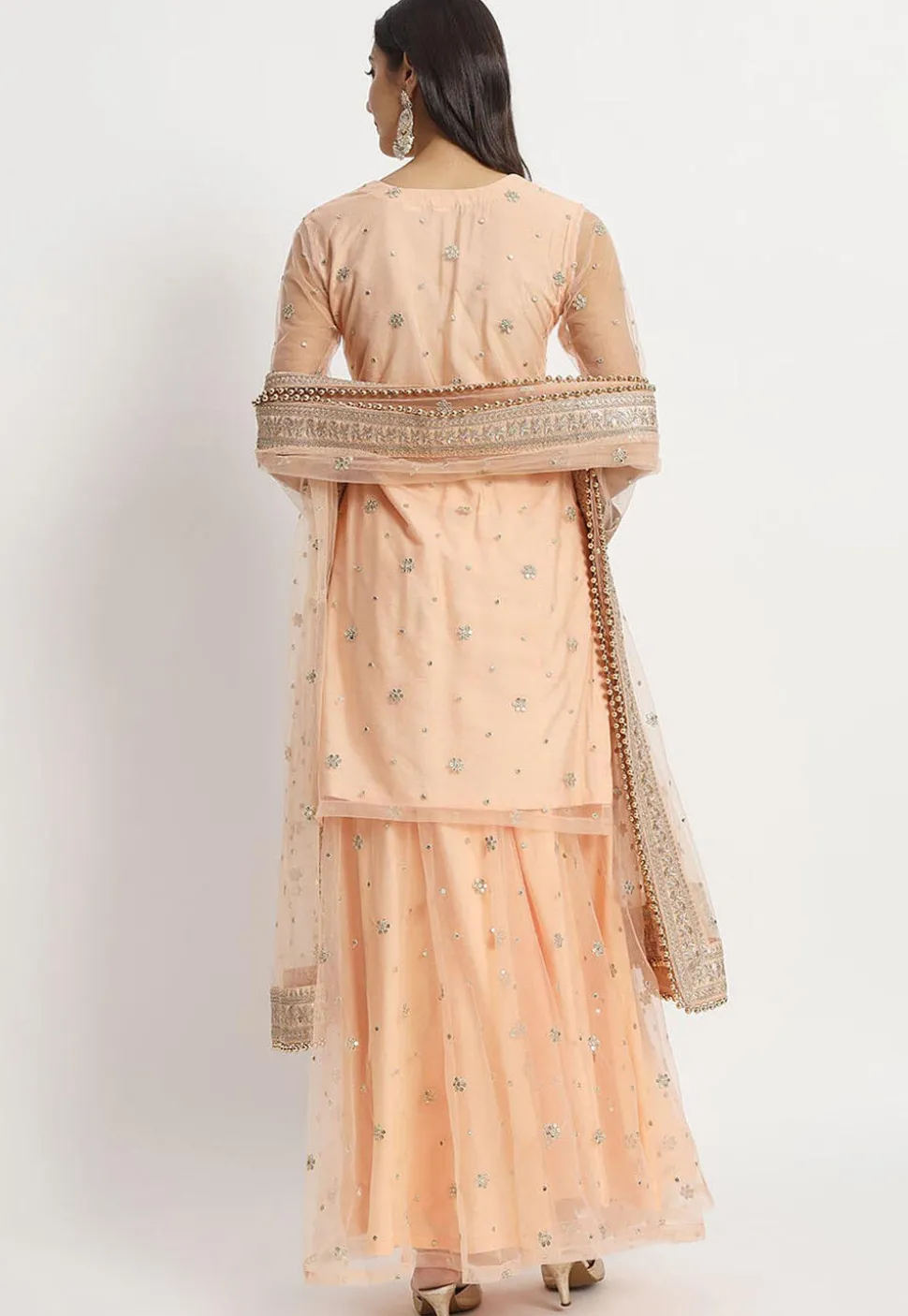 Embroidered Net Pakistani Suit in Peach