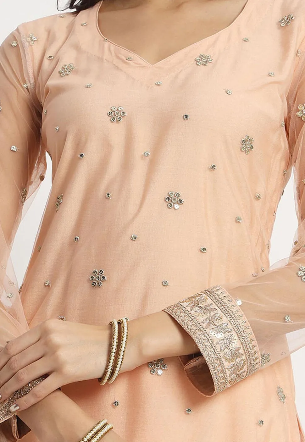 Embroidered Net Pakistani Suit in Peach