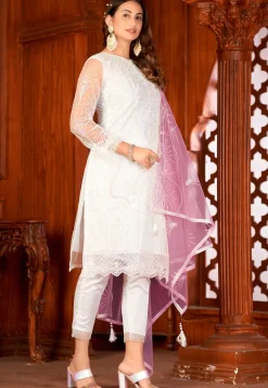 Embroidered Net Pakistani Suit in Off White