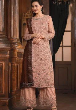 Embroidered Net Pakistani Suit in Peach
