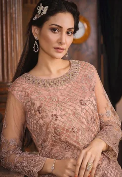 Embroidered Net Pakistani Suit in Peach