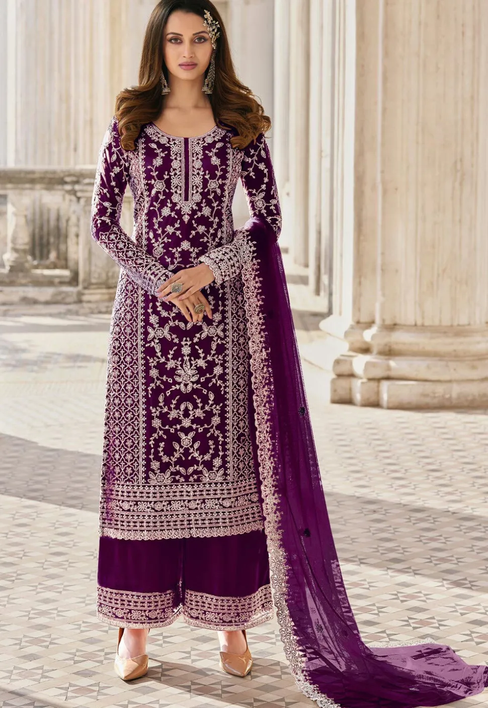 Embroidered Net Pakistani Suit in Purple