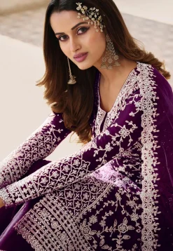 Embroidered Net Pakistani Suit in Purple