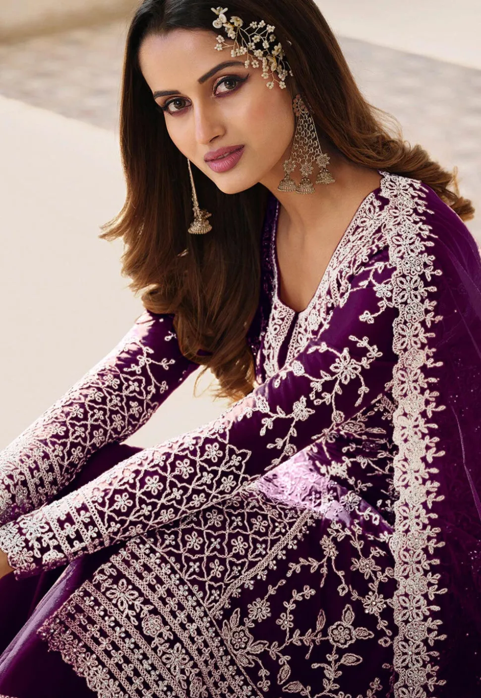 Embroidered Net Pakistani Suit in Purple