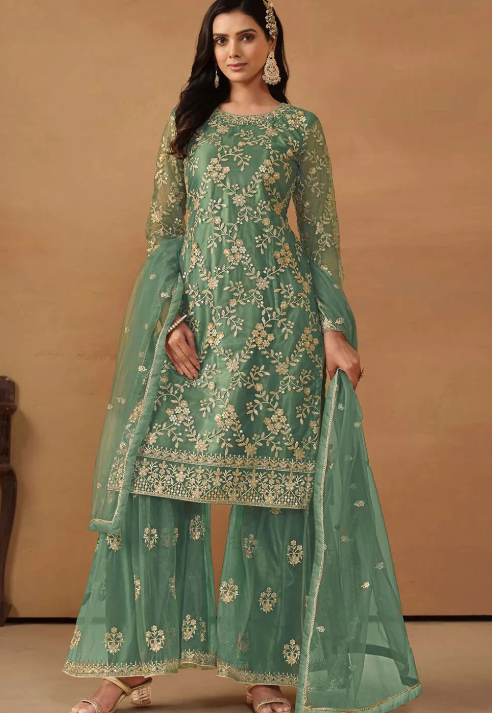 Embroidered Net Pakistani Suit in Teal Green