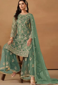 Embroidered Net Pakistani Suit in Teal Green