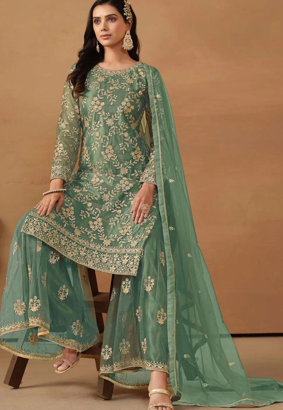 Embroidered Net Pakistani Suit in Teal Green