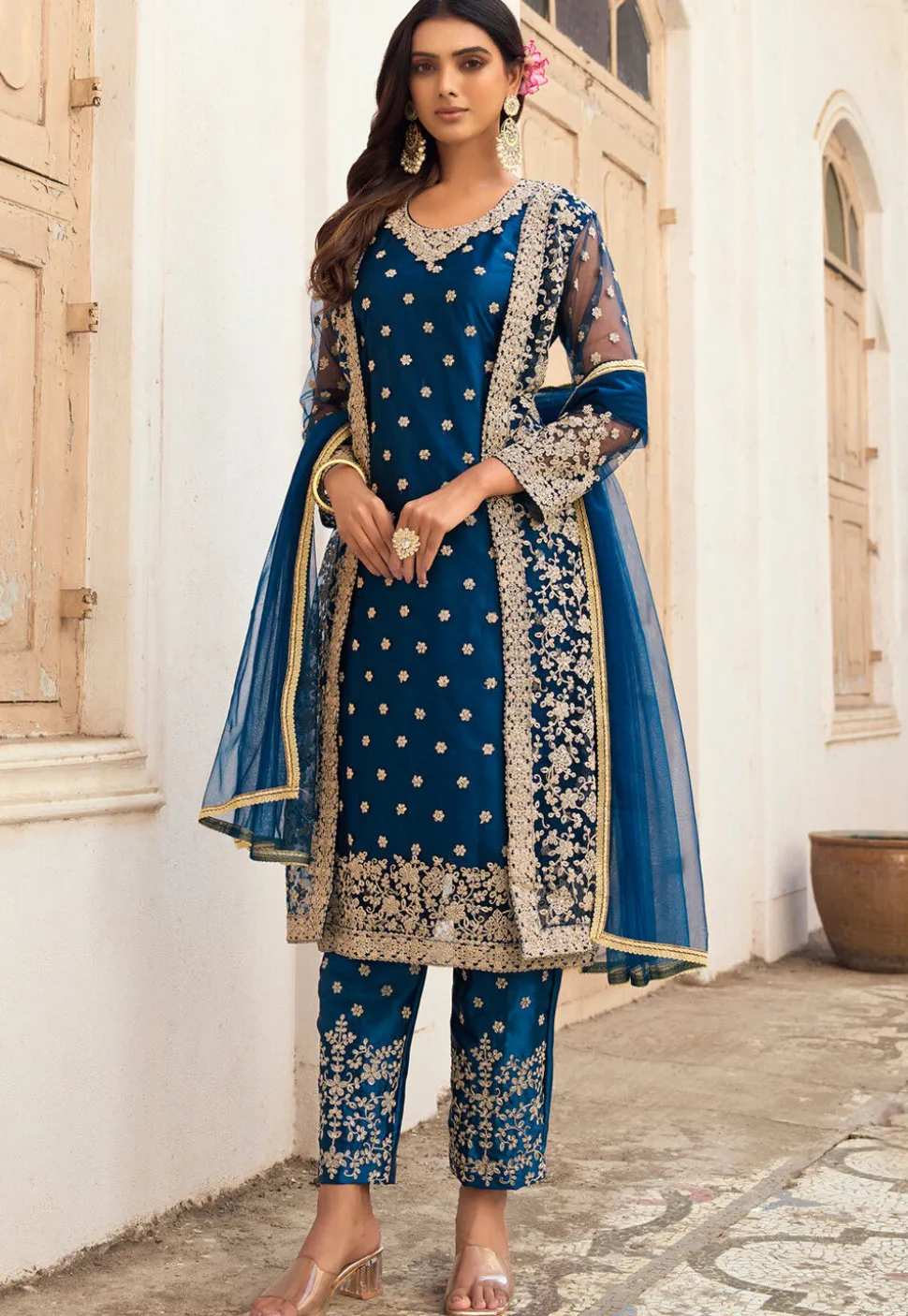 Embroidered Net Pakistani Suit in Teal Blue