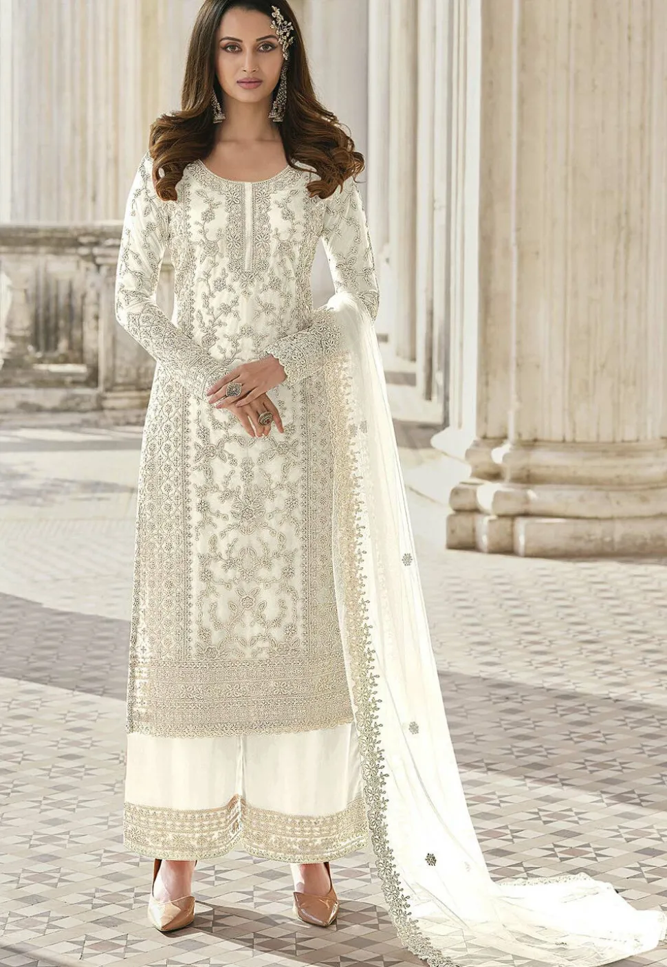 Embroidered Net Pakistani Suit in White