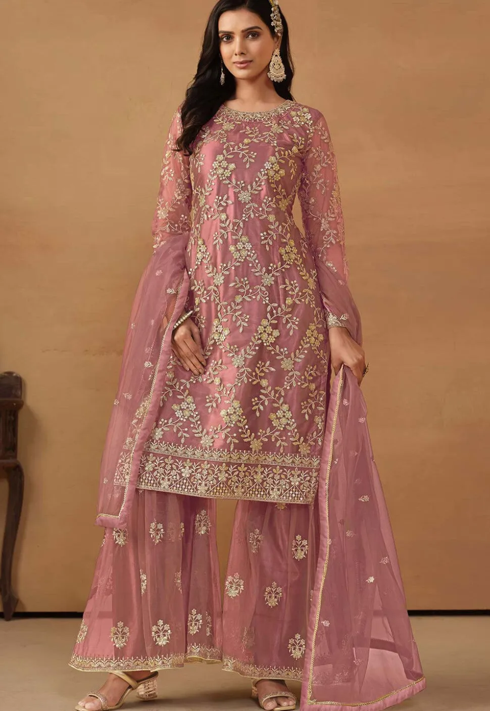 Embroidered Net Pakistani Suit in Old Rose