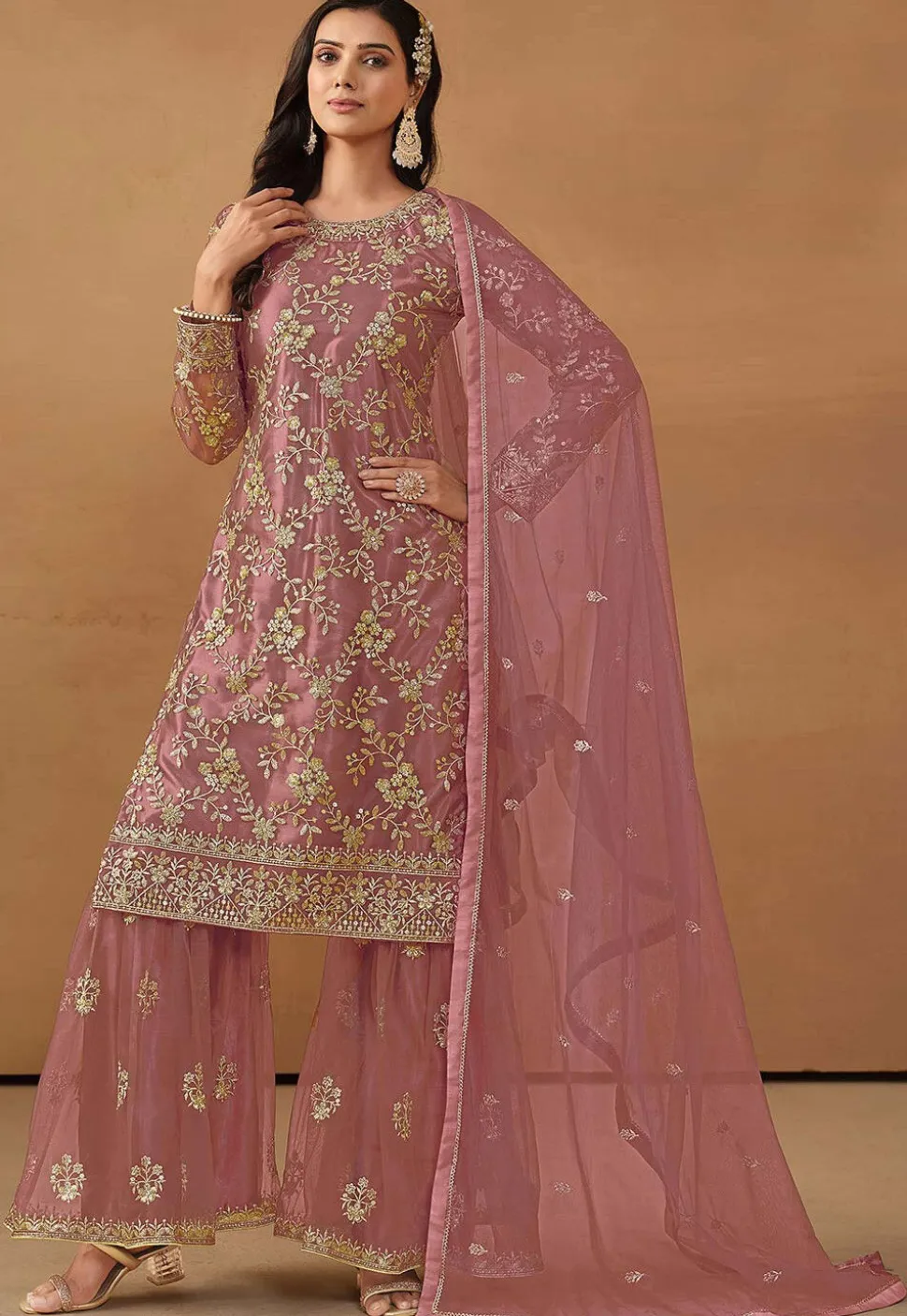 Embroidered Net Pakistani Suit in Old Rose