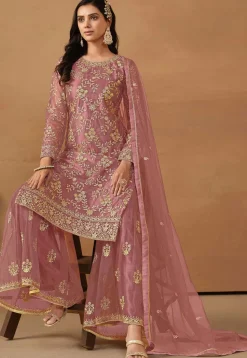 Embroidered Net Pakistani Suit in Old Rose