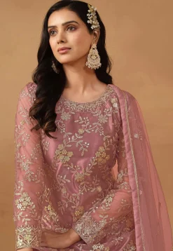 Embroidered Net Pakistani Suit in Old Rose