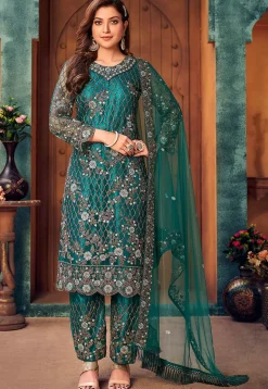 Embroidered Net Pakistani Suit in Teal Green