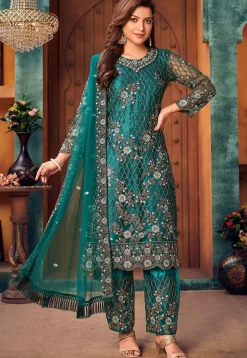 Embroidered Net Pakistani Suit in Teal Green