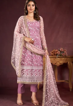 Embroidered Net Pakistani Suit in Pink