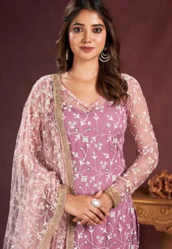 Embroidered Net Pakistani Suit in Pink